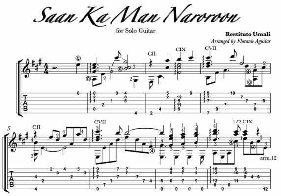 Saan Ka Man Naroroon for Solo Guitar, Arranged by Florante Aguilar  (3 pages, Notation and Tablature, PDF)